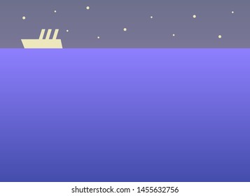 Nautical Scenery. Vector Isolated Graphic Design Illustration. Open sea, ocean, marine landscape with white ship. Voyage, adventure, discovering, travel. Flat, comic, cartoon, modern style.