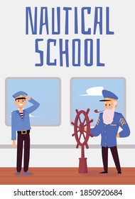 Nautical school banner or poster layout with cartoon characters of captain and sailor, flat vector illustration. Maritime profession and ship management training.