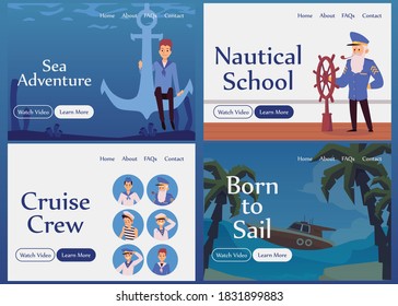 Nautical school and cruise ship adventure banner set - cartoon seamen and captain on boat and sailing crew for maritime website homepage, vector illustration.