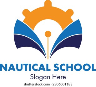 Logo der Nautical School mit kombiniertem Buch-, Stift- und Schiffsrad