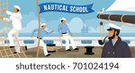 Nautical school on board sailing ship sailors training  flat advertisement poster with smoking pipe captain vector illustration 