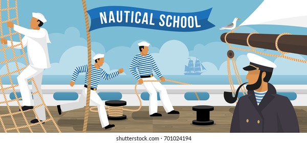 Nautical School On Board Sailing Ship Sailors Training  Flat Advertisement Poster With Smoking Pipe Captain Vector Illustration 