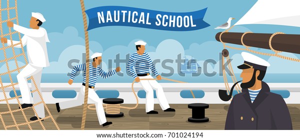 Nautical school on board sailing ship sailors training \
flat advertisement poster with smoking pipe captain vector\
illustration 