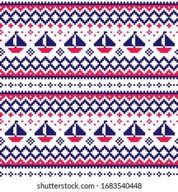 Nautical Scottish Fair Isle style traditional knitwear vector seamless pattern with boats in navy blue and red

