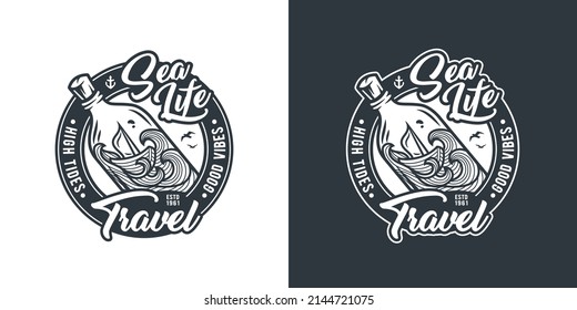 Nautical sea adventure print, marine travel, bottle on waves print