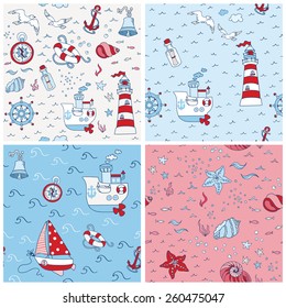 Nautical Sea Backgrounds - Set of Seamless Patterns - in vector