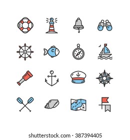 Nautical Sea Color Icon Set. Vector illustration