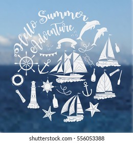 Nautical  sea composition with ships and wheel.  Hand drawn elements for summer holidays. Travel, marin and ocean. Vector Illustration