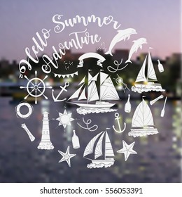 Nautical  sea composition with ships and wheel.  Hand drawn elements for summer holidays. Travel, marin and ocean. Vector Illustration