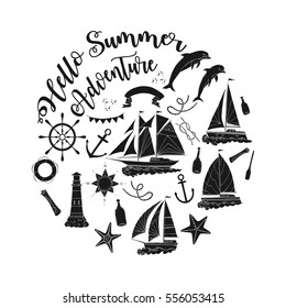 Nautical  sea composition with ships and wheel.  Hand drawn elements for summer holidays. Travel, marin and ocean. Vector Illustration