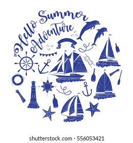 Nautical  sea composition with ships and wheel.  Hand drawn elements for summer holidays. Travel, marin and ocean. Vector Illustration