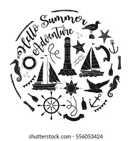 Nautical  sea composition with ships and wheel.  Hand drawn elements for summer holidays. Travel, marin and ocean. Vector Illustration
