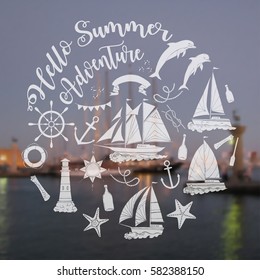 Nautical  sea composition with ships and wheel.  Hand drawn elements for summer holidays. Travel, marin and ocean. Vector Illustration