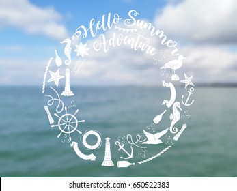 Nautical  sea composition with ships and wheel.  Hand drawn elements for summer holidays. Travel, marin and ocean. Vector blurred illustration