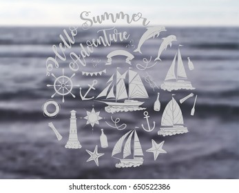 Nautical  sea composition with ships and wheel.  Hand drawn elements for summer holidays. Travel, marin and ocean. Vector blurred illustration