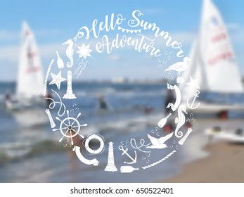 Nautical  sea composition with ships and wheel.  Hand drawn elements for summer holidays. Travel, marin and ocean. Vector blurred illustration