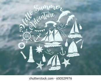 Nautical  sea composition with ships and wheel.  Hand drawn elements for summer holidays. Travel, marin and ocean. Vector blurred illustration
