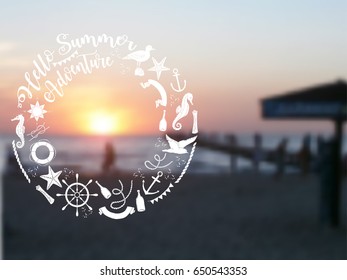 Nautical  sea composition with ships and wheel.  Hand drawn elements for summer holidays. Travel, marin and ocean. Vector blurred illustration