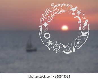 Nautical  sea composition with ships and wheel.  Hand drawn elements for summer holidays. Travel, marin and ocean. Vector blurred illustration