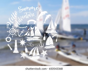Nautical  sea composition with ships and wheel.  Hand drawn elements for summer holidays. Travel, marin and ocean. Vector blurred illustration