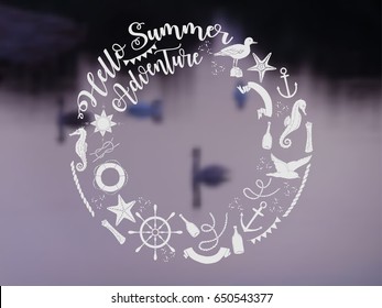 Nautical  sea composition with ships and wheel.  Hand drawn elements for summer holidays. Travel, marin and ocean. Vector blurred illustration