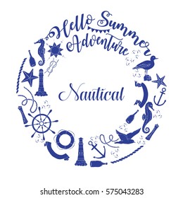 Nautical  sea composition with wind rose and wheel.  Hand drawn elements for summer holidays. Travel, marin and ocean. Vector Illustration