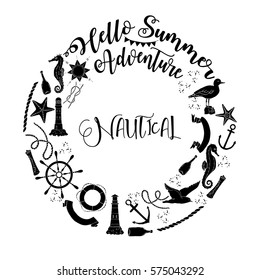 Nautical  sea composition with wind rose and wheel.  Hand drawn elements for summer holidays. Travel, marin and ocean. Vector Illustration