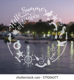 Nautical  sea composition with wind rose and wheel.  Hand drawn elements for summer holidays. Travel, marin and ocean. Vector Illustration
