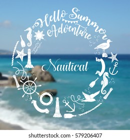 Nautical  sea composition with wind rose and wheel.  Hand drawn elements for summer holidays. Travel, marin and ocean. Vector Illustration