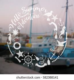 Nautical  sea composition with wind rose and wheel.  Hand drawn elements for summer holidays. Travel, marin and ocean. Vector Illustration