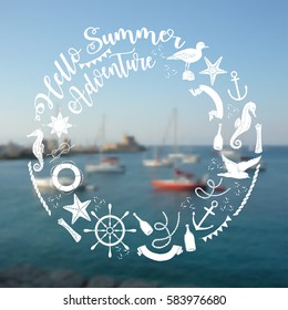 Nautical  sea composition with wind rose and wheel.  Hand drawn elements for summer holidays. Travel, marin and ocean. Vector Illustration