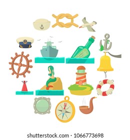 Nautical sea icons set. Cartoon illustration of 16 nautical sea vector icons for web