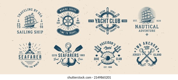 Nautical, Sea logo set. 8 Marine emblems with Anchor, Ship, Wheel icons. Hipster Design. Marine, Sea labels. Emblem, poster templates. Vector illustration