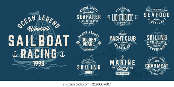 Nautical, Sea logo set. 8 Marine emblems with Anchor, Ship, Wheel icons. Hipster Design. Marine, Sea labels. Emblem, poster templates. Vector illustration