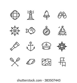 Nautical Sea Outline Icon Set. Vector illustration