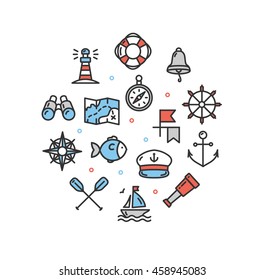 Nautical Sea Round Design Template Thin Line Icon Set Isolated on White Background. Vector illustration