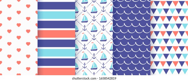 Nautical, sea seamless pattern. Vector. Marine backgrounds with anchor, stripe, sailboat, wave and triangle flags. Set summer texture. Geometric print for baby shower, scrapbooking. Color illustration