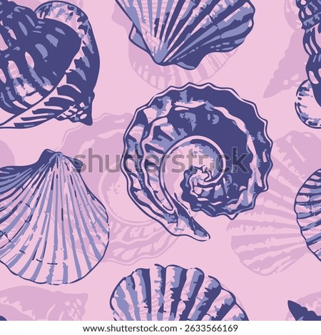 Nautical sea shell printable pattern. Seamless pattern of different variety of sea shells, chic, modern and monochromatic ideas for textile, home decor, banner. Vector illustration.