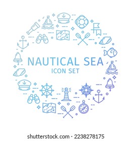 Nautical Sea Shop Round Design Template Thin Line Icon Concept for Promotion, Marketing and Advertising. Vector illustration