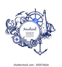 Nautical sea symbols composition doodle design with anchor compass and lighthouse in blue marine abstract vector illustration