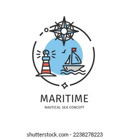 Nautical Sea Thin Line Icon Maritime Concept Include of Lighthouse, Boat and Wind Rose. Vector illustration