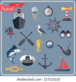 Nautical sea travel decorative icons set with compass steering wheel lighthouse vector illustration