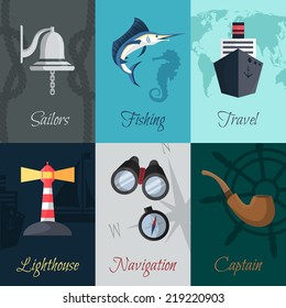 Nautical sea travel mini posters sailors fishing travel set isolated vector illustration