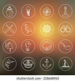 Nautical sea travel outline icons set with binoculars bell seahorse isolated vector illustration