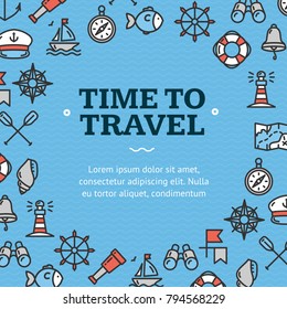Nautical Sea Travel Service Round Design Template Line Icon Concept for Web and App Include of Fish and Compass. Vector illustration