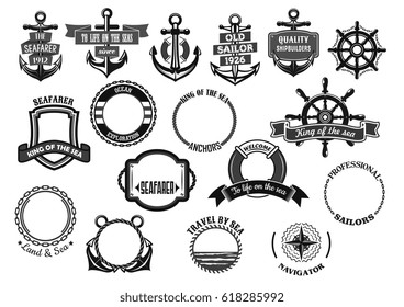 Nautical seafarer and marine sailor heraldic icons. Ship anchor, helm and life buoy, maritime chains and sailing navigation compass with water ribbons for voyager and shipbuilder. Vector symbols set