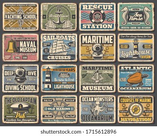 Afiches de vectores vintage náuticos y náuticos. Escuela de submarinismo y náutica, museo del faro de los buques navales y oceanario atlántico, navegación marítima y estación de rescate de los salvavidas de la playa