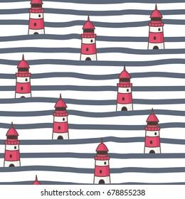 Nautical seamless background. Lighthouses