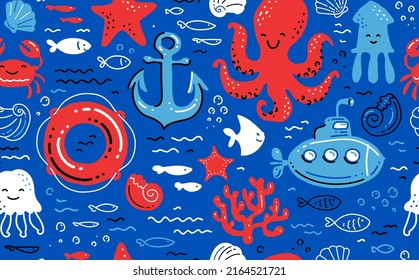 Nautical Seamless Background. Marine Bright Pattern. Childish Cute Cartoon Vector Illustration