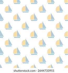 Nautical seamless background. Marine sea patterns. Set blue print with sailboat, anchor, waves, polka dot, zigzag. Childish texture for baby shower, scrapbooking. Geometric design. Vector illustration